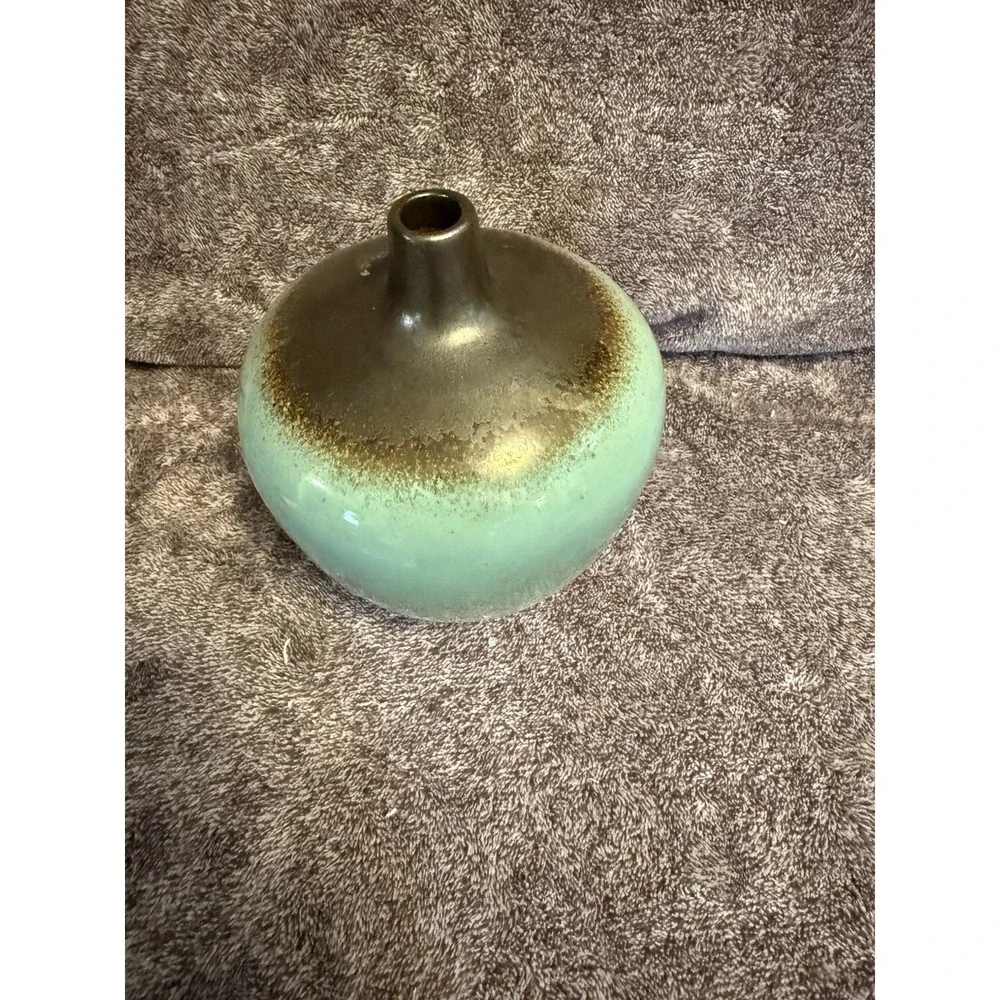 Drip Glaze Studio Art Pottery Ceramic Round Ball Bottle Vase Green Brown 5